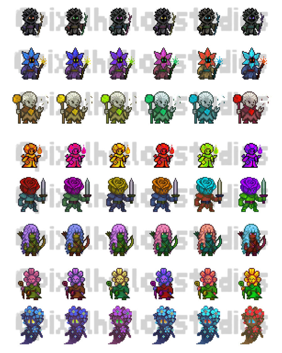 Pixel Hollow Studios Blossom Folk Starter Pack, Part 1. Eight whimsical flower characters with six color variants each. Includes: Black Dahlia Warlock, Borage Spellcaster, Dandelion Druid, Marigold Bard-Mage, Rose Knight, Wisteria Ranger, Echinacea Healer,