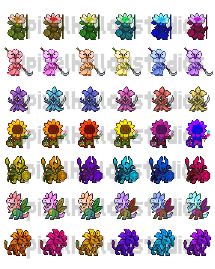 Pixel Hollow Studios Blossom Folk Starter Pack, Part 2. Seven whimsical flower characters with six color variants each. Includes: Lilypad Monk, Cherry Blossom Samurai, Orchid Rogue, Sunflower Herbalist, Iris Paladin, Snapdragon Drake, and Sabertooth Tiger