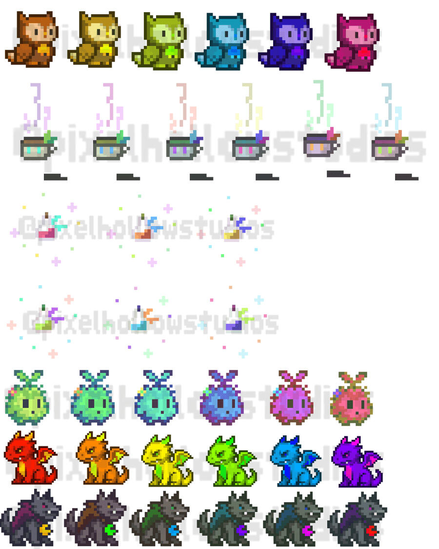 Forest Friends Starter Pack – Companions Pixel art companions from the Forest Friends Starter Pack: an owl, an enchanted teacup, a flying potion, a moss sprite, a baby dragon, and a wolf pup — each shown with 6 color variants.