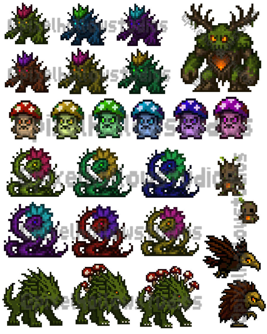 Forest Friends Starter Pack – Enemies & Bosses Pixel art enemies and bosses from the Forest Friends Starter Pack: Hollowed Heart forest golem boss, wolf pack sprites, mushroom enemy, plant enemy, serpent enemy, and bird-like Hollowbeak creature. Some enemies include 3 color variants.