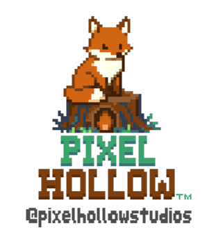 Pixel Hollow Studios logo: a sitting orange fox on a tree stump, with glowing blue mushrooms at the base. The words “Pixel Hollow” are written in pixelated font beneath the fox.