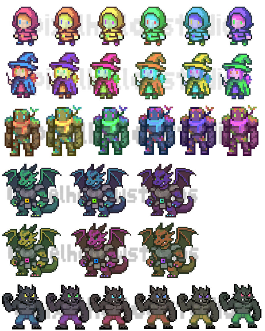 Forest Friends Starter Pack – Heroes Pixel art heroes from the Forest Friends Starter Pack: Lark the red-hooded adventurer, Miri the witch, Bramble the tree golem, Solan the dragon knight, and Fenrick the wolfkin warrior — each shown with 6 color variants.