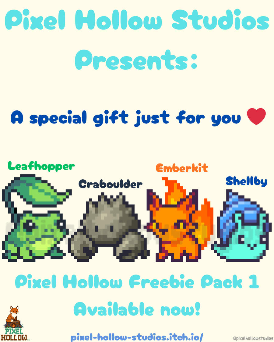 Pixel Hollow Studios Freebie Pack 1 promo. Text reads: “A special gift just for you ❤️ Pixel Hollow Freebie Pack 1 Available now!” Four pixel art companions are displayed: Leafhopper (a green frog with a leaf on its head), Craboulder (a gray rock-crab crea
